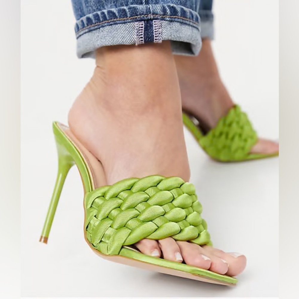 NEW Simmi London Brandy Bright Green Satin Woven Open Toe Slide On Mules Heels - Picture 3 of 10